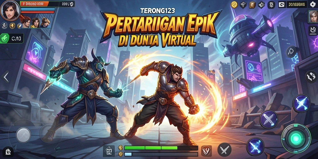 Screenshot gameplay dengan karakter yang bertarung di arena